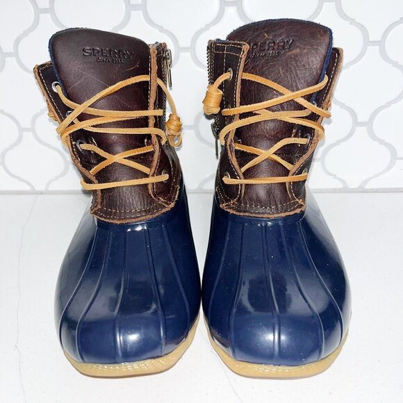 SPERRY Women's Saltwater Duck Boot Leather Size 9 US Brown Blue Gum Rubber Zip - Picture 2 of 8